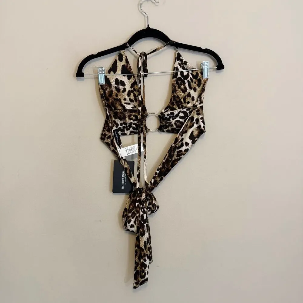 PrettyLittleThing Leopard Halter Crop Top 6 Brown Y2K Night Out Ring Plunge NWT